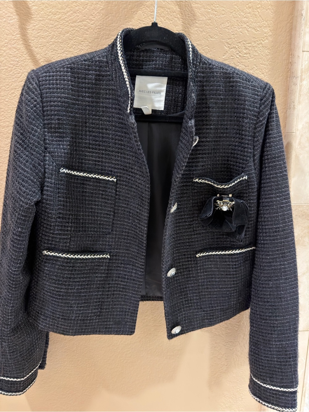 Avec Les Filles Black White Tweed Cropped Jacket Blazer S - Picture 2 of 14